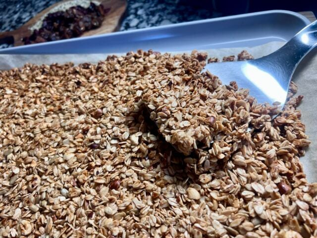 granola on baking sheet after baking