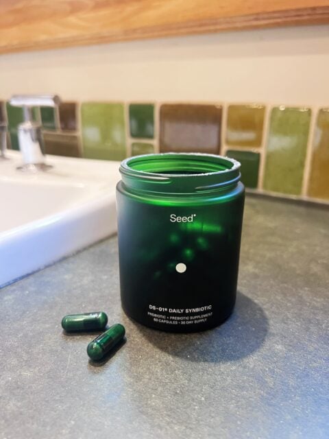 Seed Daily Synbiotic on bathroom counter