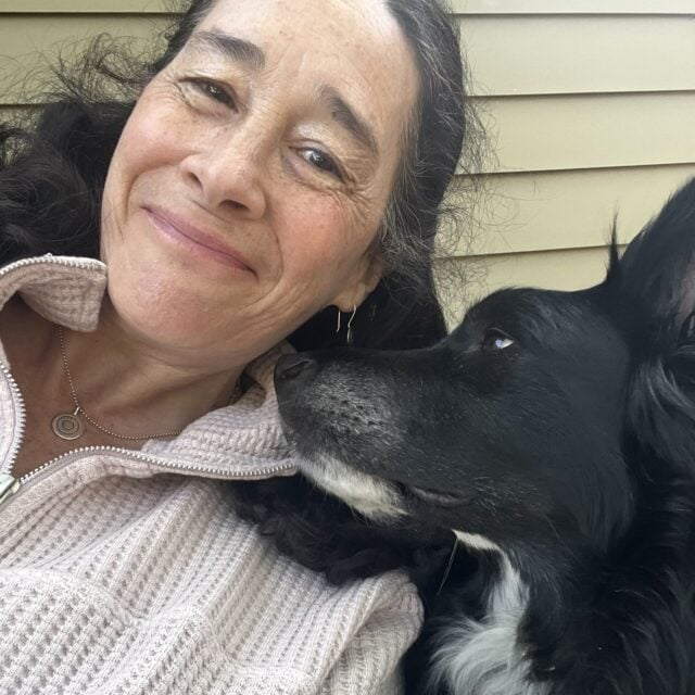 Micaela wearing MATE the label organic clothing- with dog